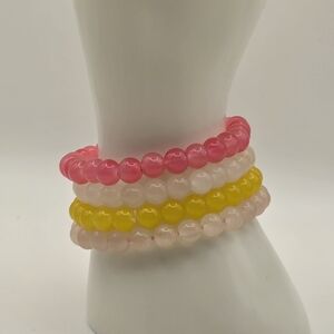Colorful Beaded Stretch Bracelet Stack Set Pink Yellow White Layering Jewelry